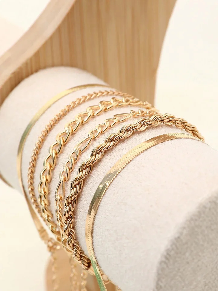 6pcs Punk Style Simple Cold Tone Chain Fashion Bracelet Set Suitable For Womens Daily Wear 250528