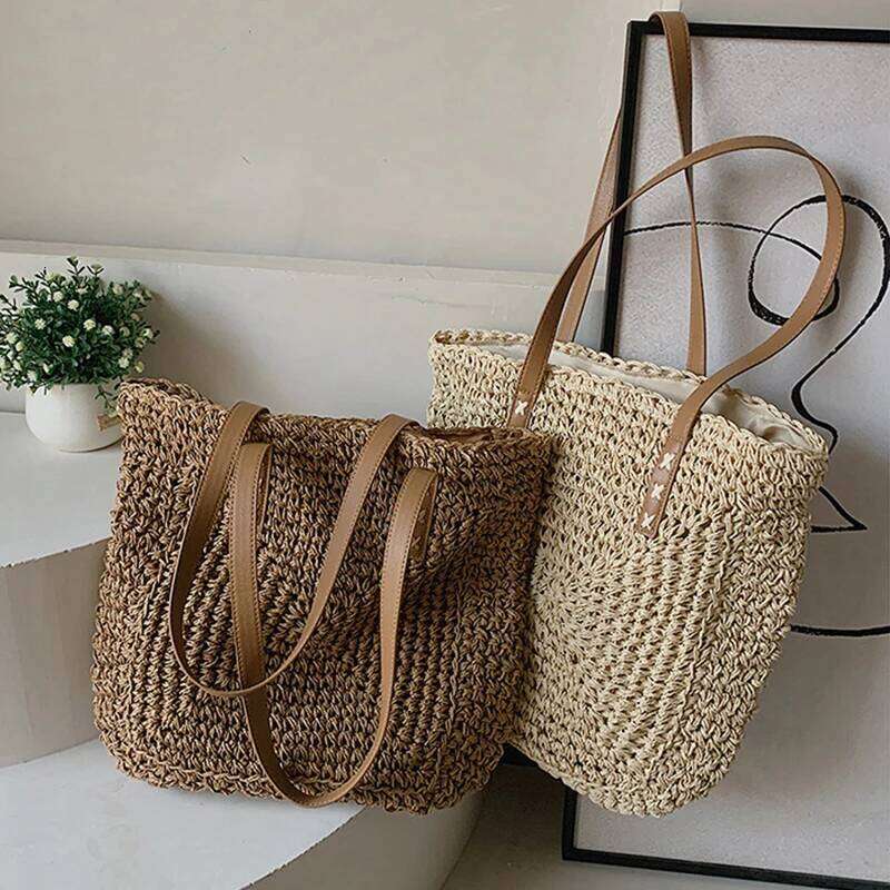 Handmade Woven Straw Beach Large Capacity Shoulder Bag Women Raffia Travel Shopper Totes Summer Vacation Casual Handbags