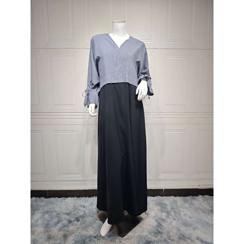 Mq1modest Muslim Patchwork Fashion Cuff Drawstring Abaya Dubai Turkey Robe B5