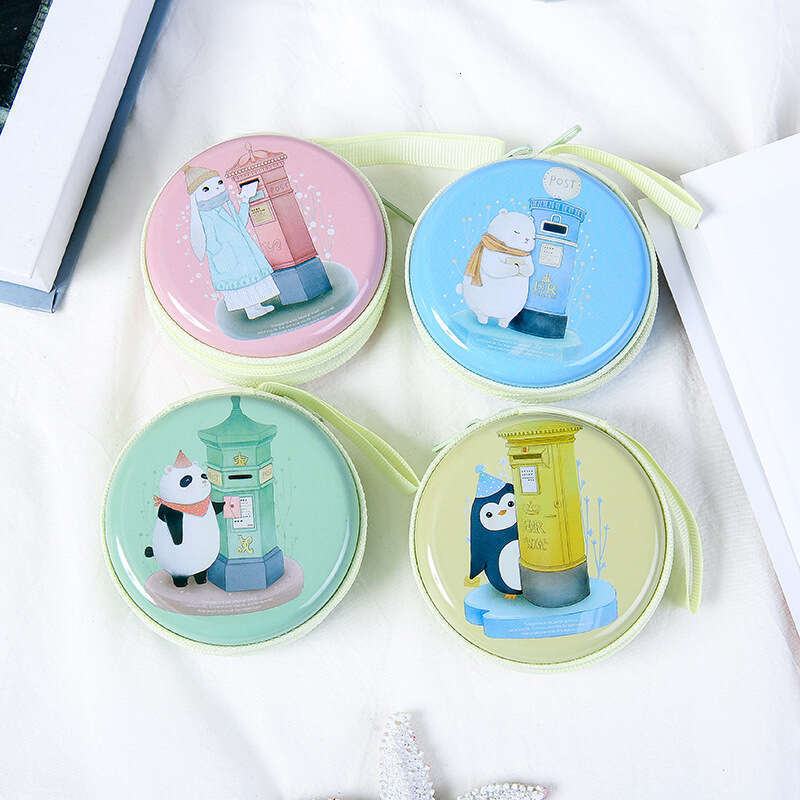 Korean Style Christmas New Year Tinplate Storage Box Iron Round Coin Purse Cartoon Animal Mini Key Earphone Bag