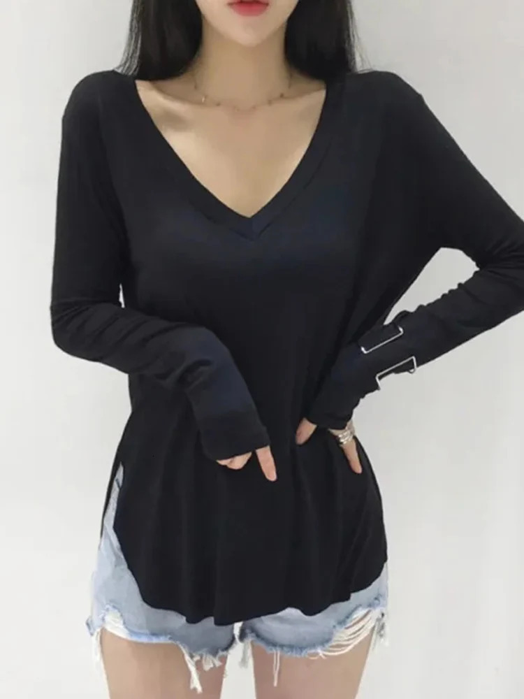 Casual V Neck T Shirt For Women Spring Korean Style Woman Clothes Basic T Shirts Long Sleeve Tops Loose Tee Shirt Camisetas 250603
