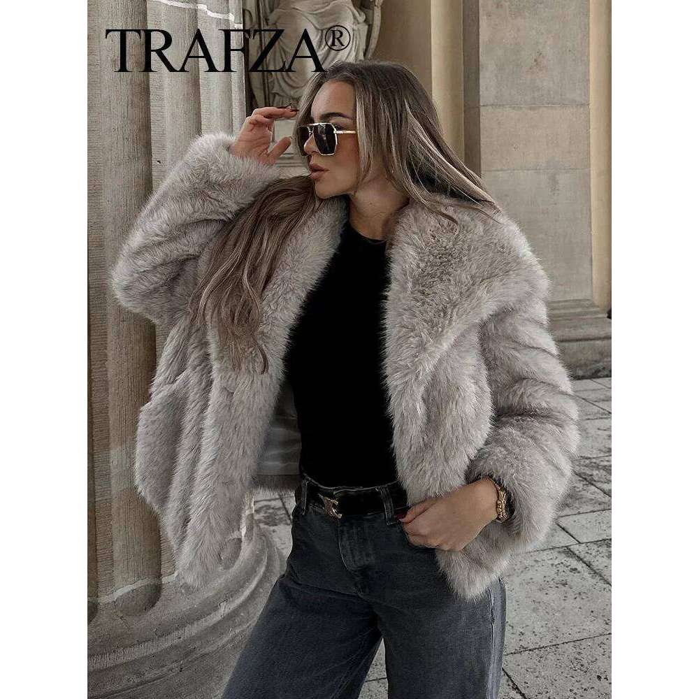 TRAFZA Winter Fashion Faux Fur Jacket for Woman Elegant Loose Long Sleeve Lapel Warm Coats Pocket Female Chic Open Front Outwear