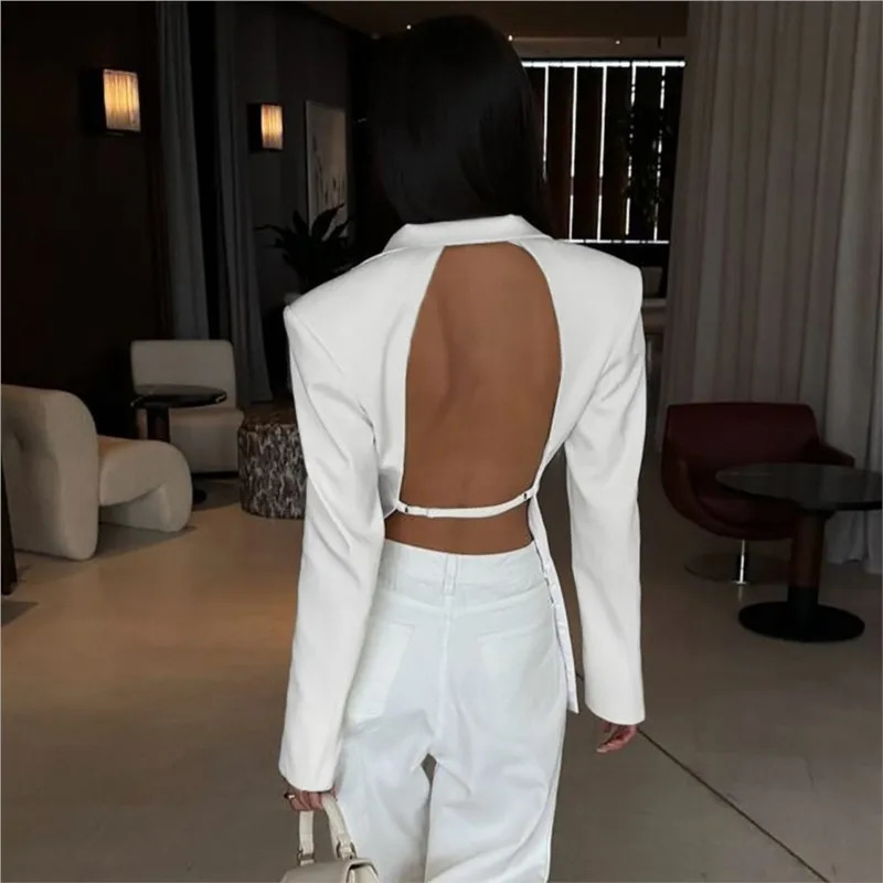 Elegant Blazer Coat Women Office Lady Fashion Sexy Backless Pockets Suit Jacket Spring Chic White Casual Slim Outerwear 250526