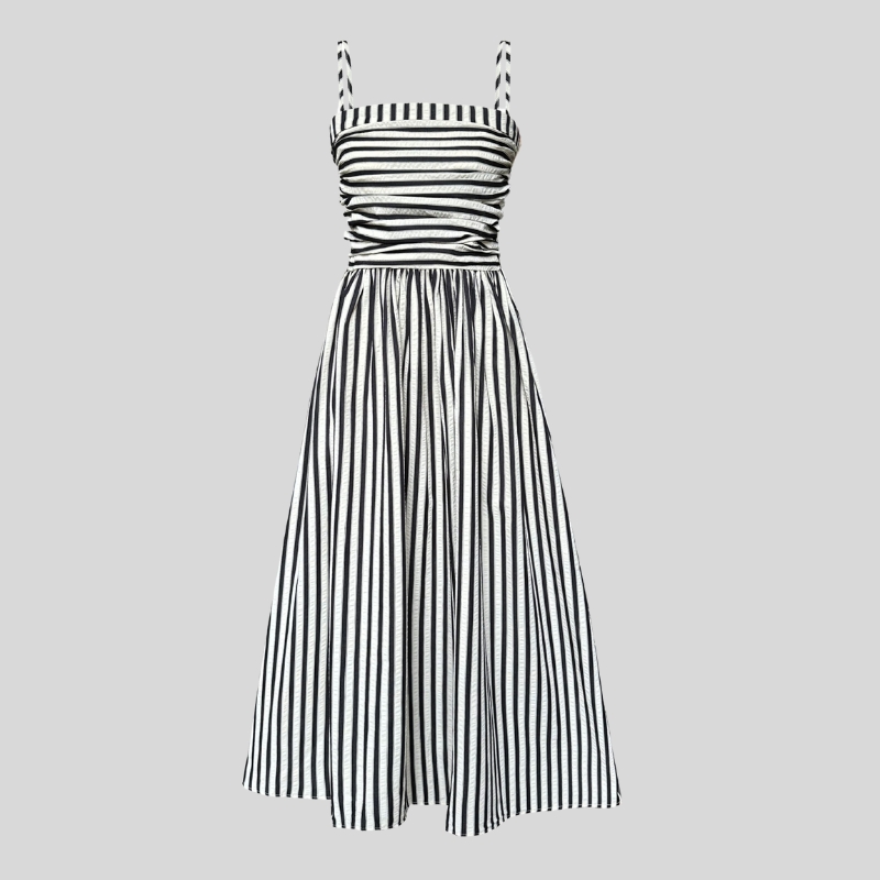 French striped tube top suspender dress for women's high-end off-the-shoulder pleated waist A-word long dress summer