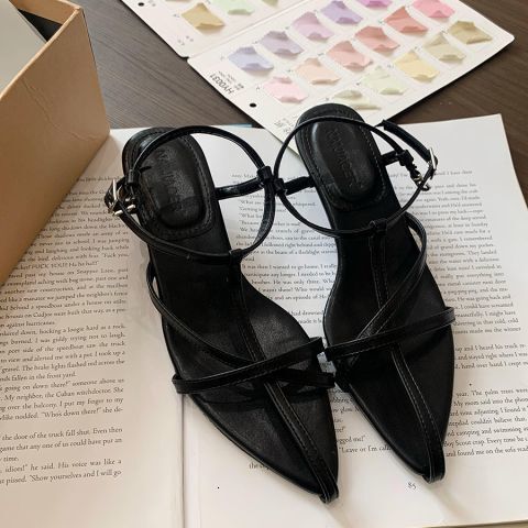Wedge Sandals for Women, Summer Outdoor New Niche High-end French Fairy Style Black Thin Strap Pointed Toe Roman Shoes