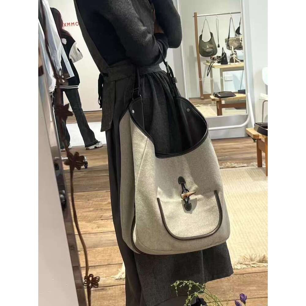New Trendy Fashion Versatile Canvas Color Block Design Commuter Single Shoulder Tote Casual Bag