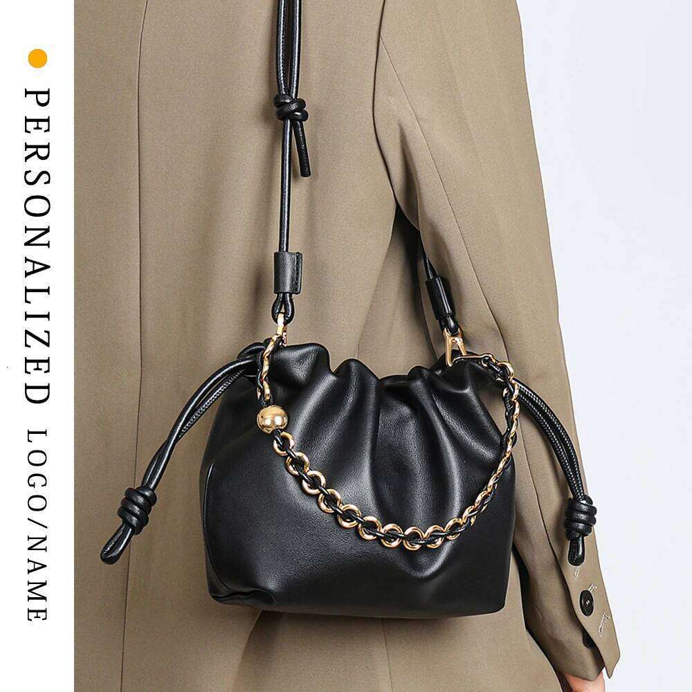 Free Gold Stamping First Letter 2025 New Soft Leather Fashion Lucky Drawstring Cloud One-Shoulder Crossbody Bag