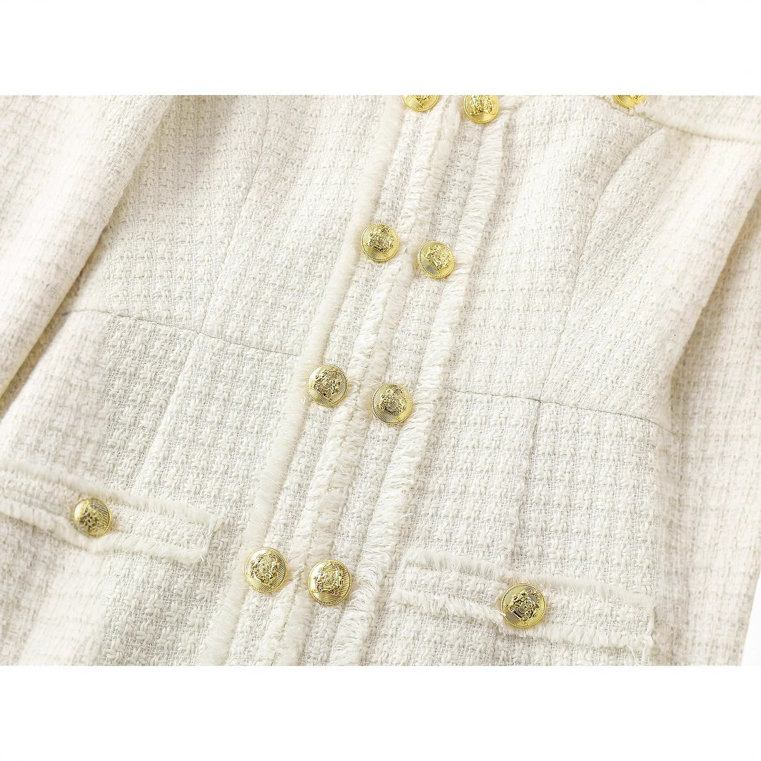 Off white tweed dress spring / autumn womens dress tassel ladies slim bottoming dress one-piece 240625