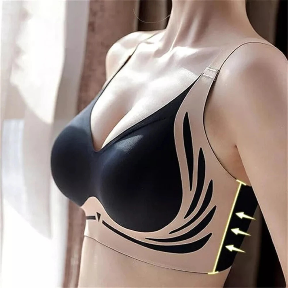 Seamless Ladies Underwear V-neck No Steel Ring Small Chest Gathered Adjustable Comfortable Thin Top Bra Breathable Gathered 250530