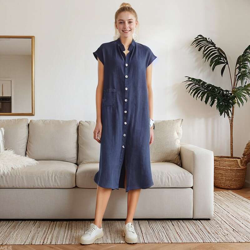 New Cardigan Stand Collar Single-Breasted Cotton Linen Pocket Plus Size Dress Slip B5