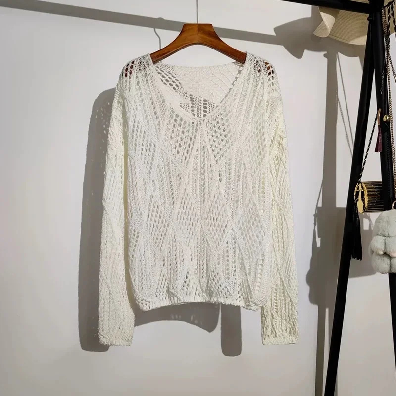 Pullovers Women Pointelle Knit Top Long Sleeve Semi-Sheer Sweater Jumper Spring Summer Fairycore Outfit 250603