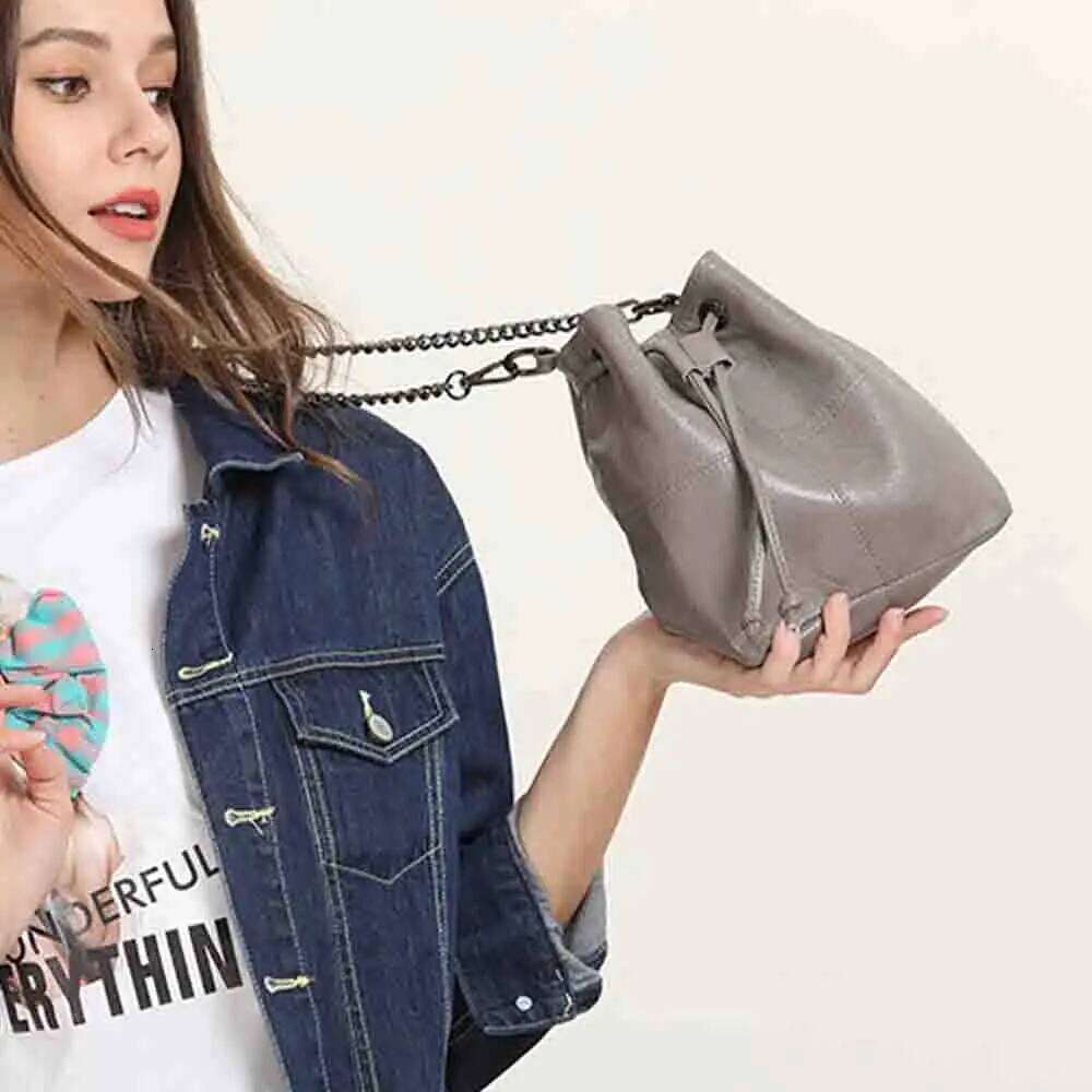 MS Cowhide Handbags Women Chains Shoulder Soft Natural Leather Bag Female Mini Bucket Yellow New In 2023
