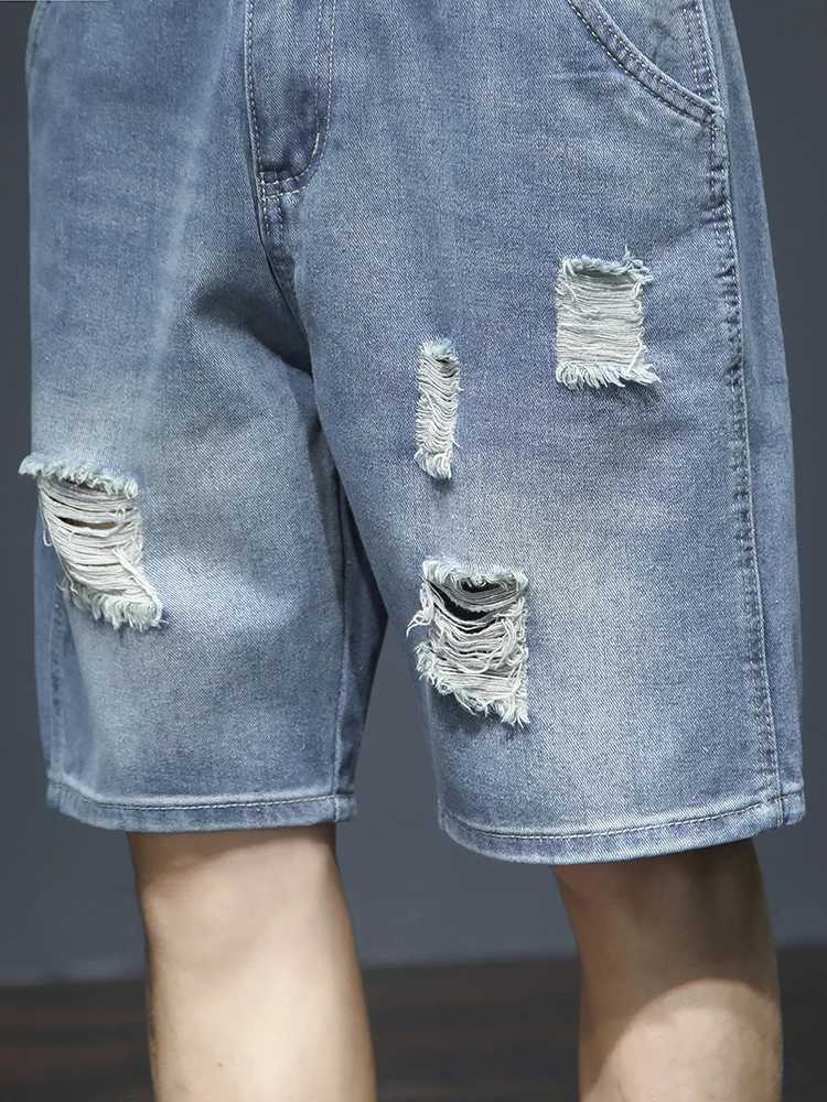 Summer Mens Blue Denim Shorts Y2k Cotton Loose Straight Ripped Fashion Shorts Men Korean Trendy Casual Streetwear Short Jeans T250603