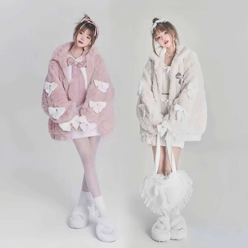 Faux Lamb Fur Coat for Women, Korean Bow Jacket, Loose Long Overcoat, Thick Warm Female Clothing, High Quality, New, Winter