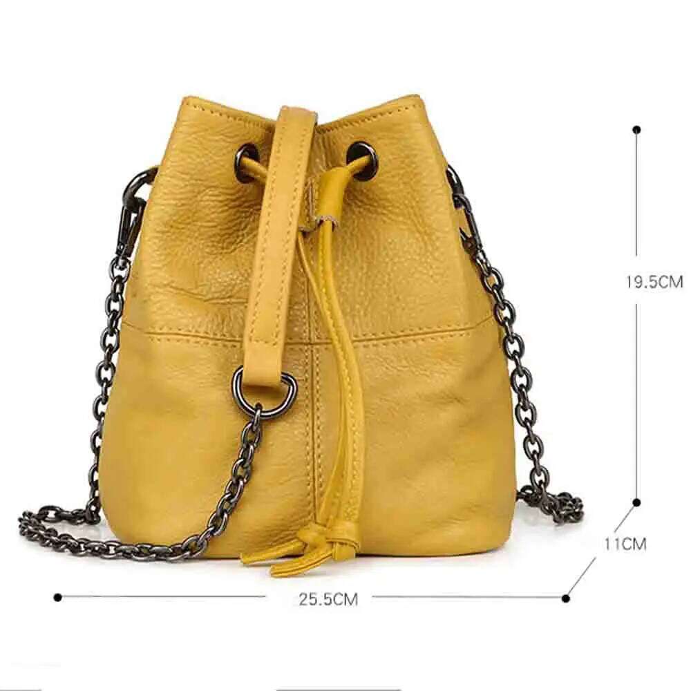 MS Cowhide Handbags Women Chains Shoulder Soft Natural Leather Bag Female Mini Bucket Yellow New In 2023