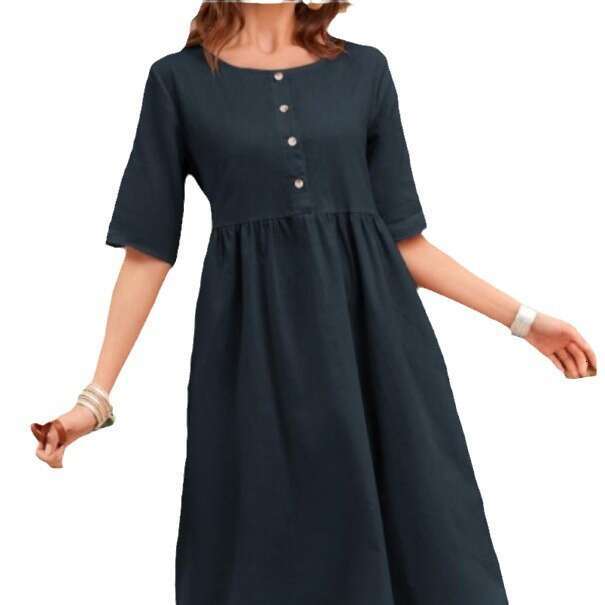 Spring Summer Cotton Linen Round Neck Loose Casual Solid Color Pocket Dress B5