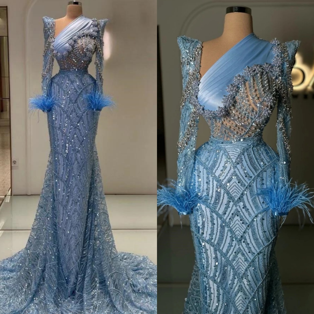 Gorgeous Evening Dresses Pearls Feather Prom Dress Long Sleeves Beading Crystal Illusion Mermaid Party Gowns Sweep Train Vestidos De Noche