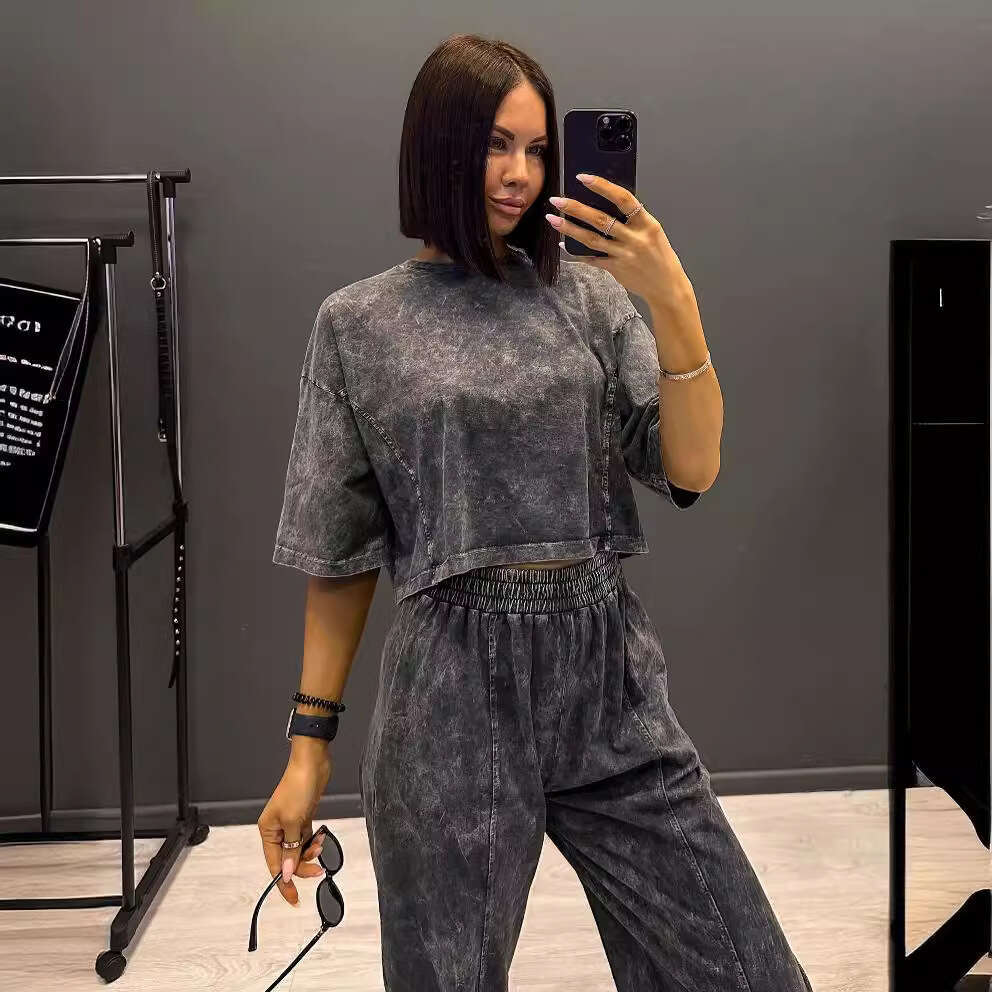 Vintage Washed Short Sleeve T-Shirt Straight High Waist Long Pants Set Women's Fashion Casual High-End B5