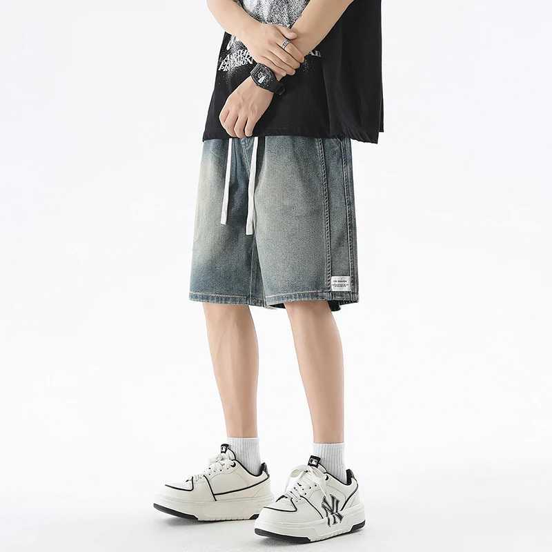 Summer Thin Baggy Mens Denim Shorts Streetwear Fashion Drawstring Loose Casual Wide Leg Knee-Length Short Jeans Retro Blue T250603