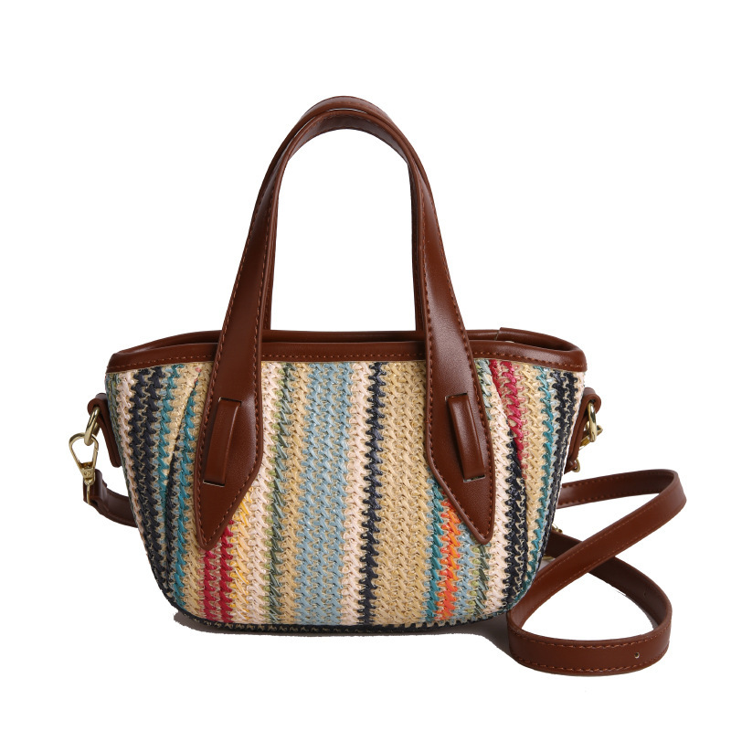 designer Summer Rainbow Striped Straw Bag for Women New Fashion Commuter Shoulder Bag Woven Beach Vacation Bucket Bag