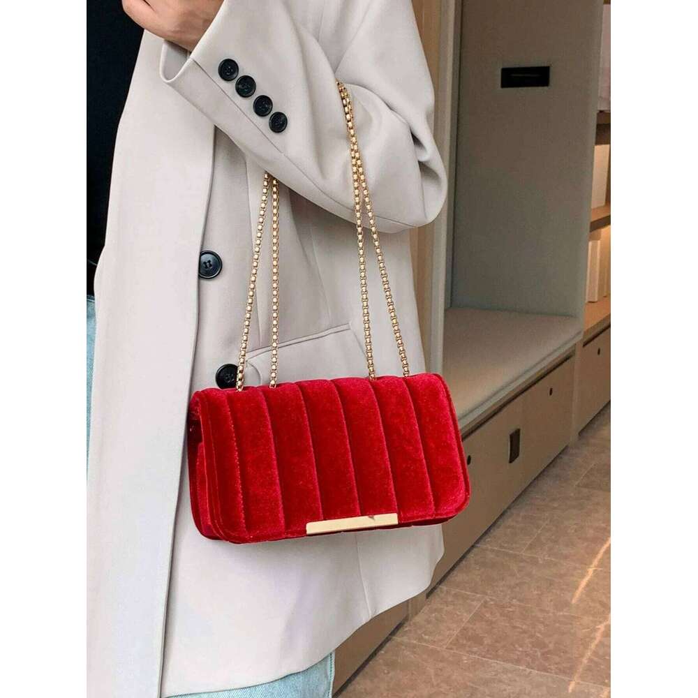 Neon Red Flap Square Velor Leather Fashionable Dating Gift Shoulder & Crossbody Bag With Chain Strap For Women