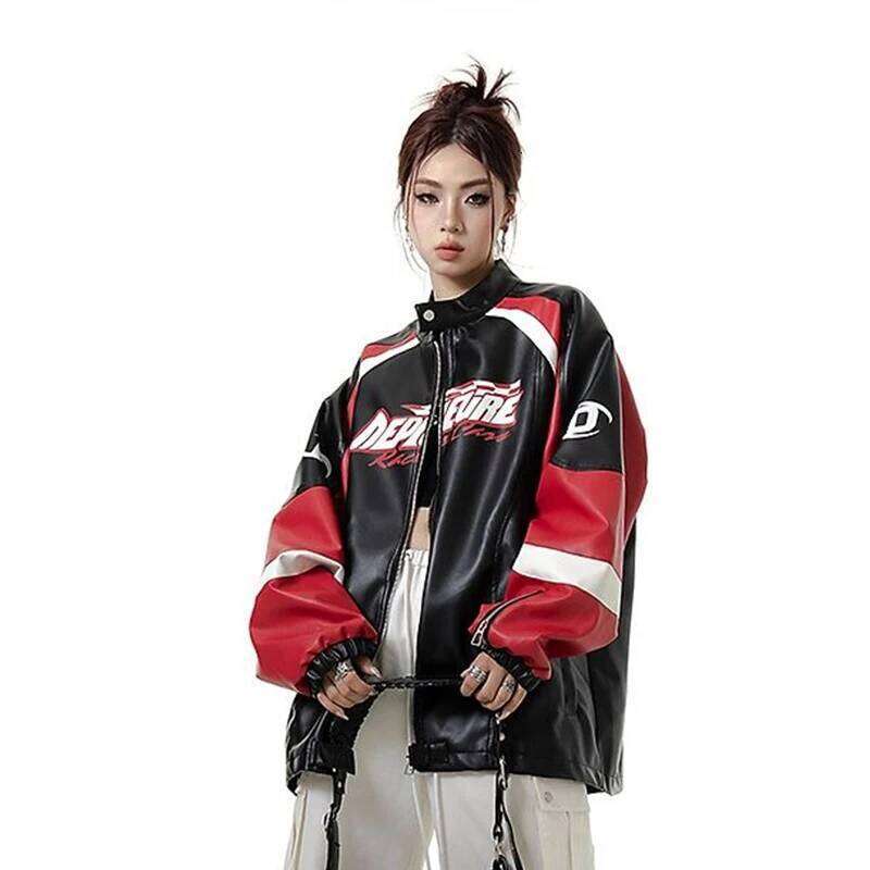 American Retro Splicing Racing Pu Leather Baseball Women Spring Autumn 2024 New Chinese Style Trendy Jacket Aesthetic