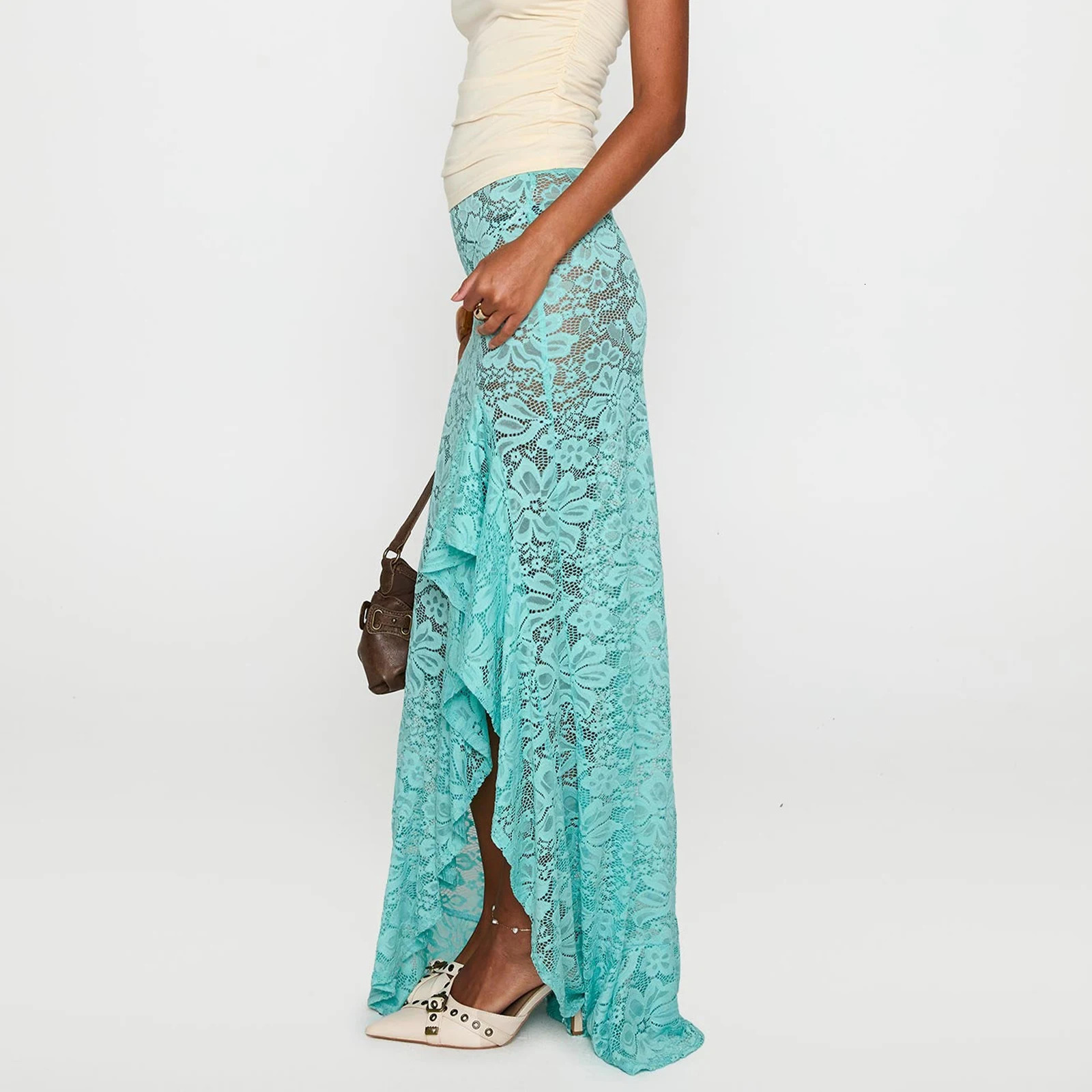 hirigin Womens Fashion Long Skirts Sheer Lace High Waist Skirts Summer Y2K Vintage Irregular Ruffles Bodycon Skirts 250603