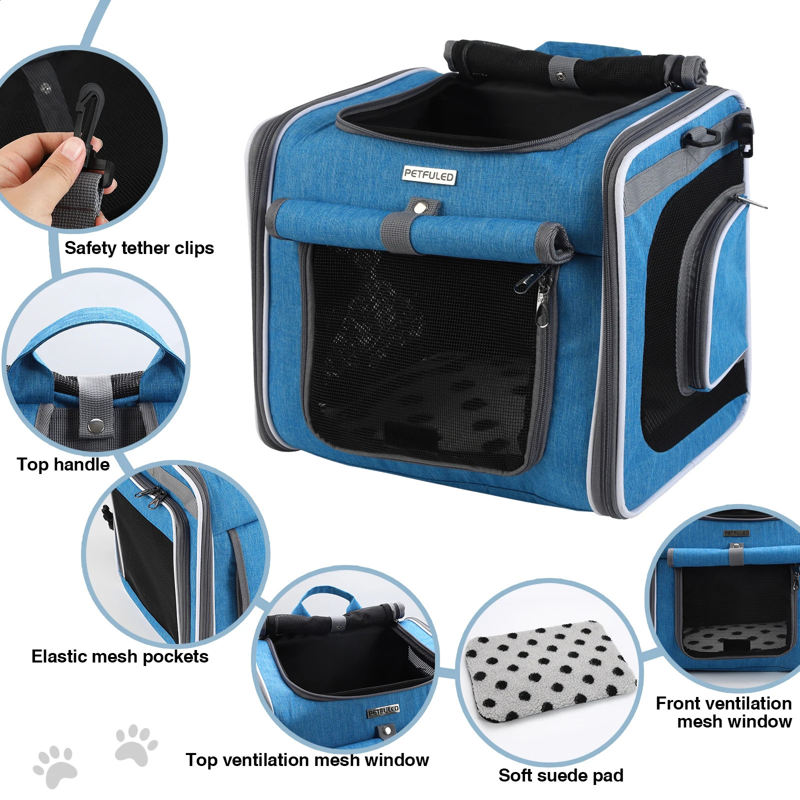 PETFULED Dog or Cat Bike Basket Blue Expandable Soft Sided Pet Backpack with 4 Open Doors Foldable Dog Bike 250526