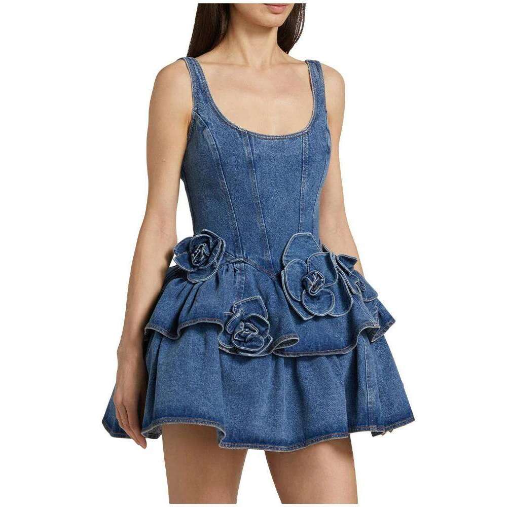 Chic Summer 3D Floral Denim Mini Dress Vintage A Line Halter High Street Jean Vesidos 2025 New Lady Partyy2k Fashion Clothing