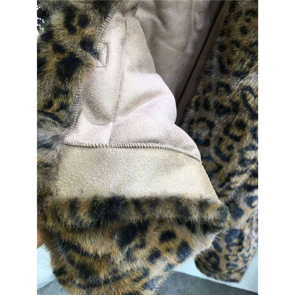 2024 New Autumn Winter Leopard Jacket Women Hot Drilling Stand Collar Loose Cardigans Coat All-match Faux Fur Overcoat