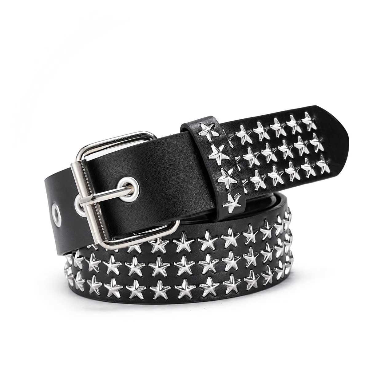 Black punk style personality Fashion belt Double riveted hole belt Black Metal Adjustable size for women men (110cm long)XJ250602