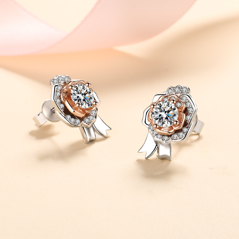 S925 Silver Rose Earrings with Moissanite Stone, Elegant Cold Style Jewelry, Perfect for Daily Wear, Simulated Diamond, Chic Design, Wholesale Availab
