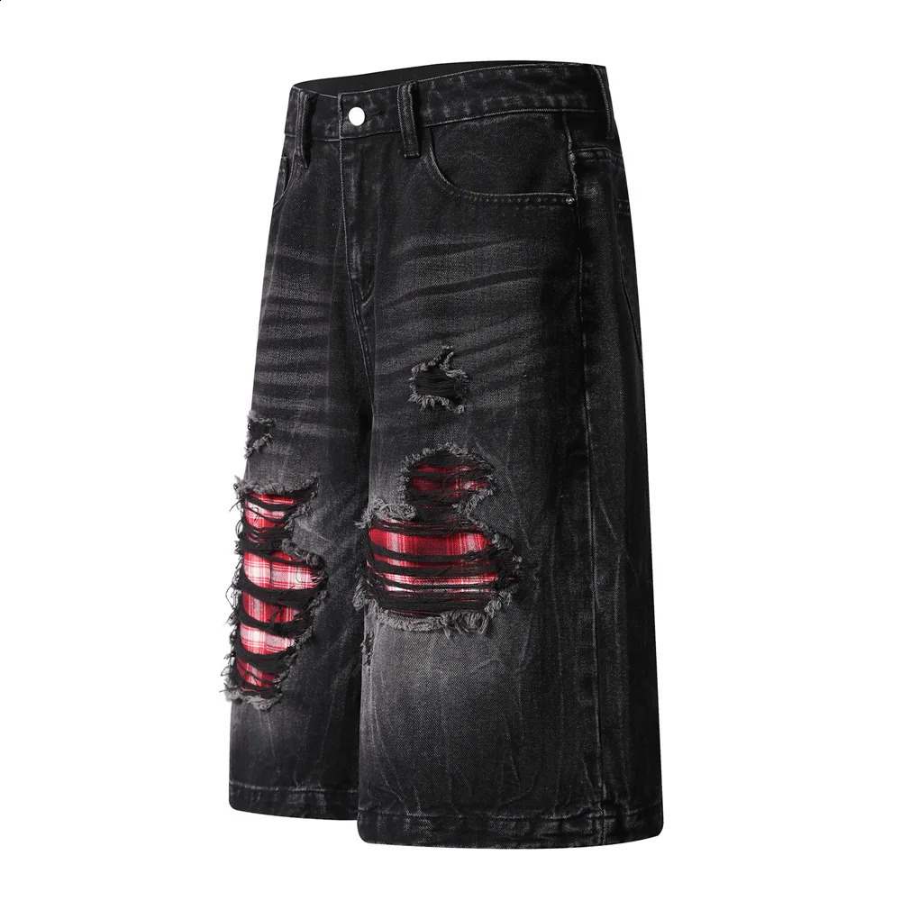 Mens Ripped Denim Shorts Summer Vintage Distressed Hole Cropped Pant Harajuku Streetwear Cargo Short Pants Y2K Black 250529