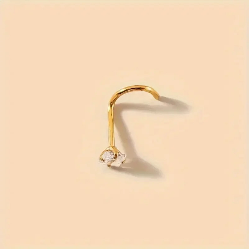 Golden Tone Cubic zirconia Square Nose Stud Simple Glamorous Sparkling Nose Ring Piercing Jewelry Elegant Vacation Style 250530