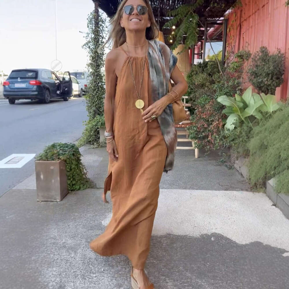 Hanging neck slit cotton leprosy casual vacation dress, European and American 2025 spring/summer product temperament versatile new trend clothing ins