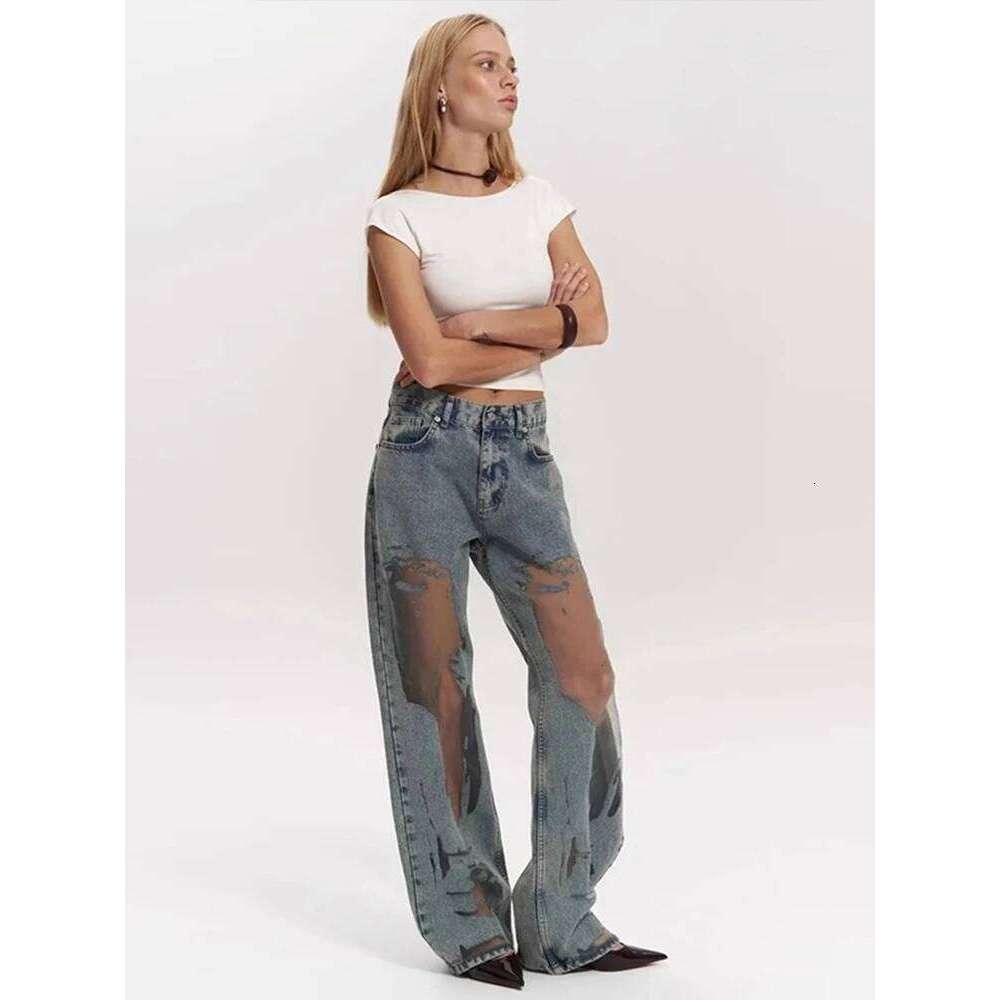 Y2k Cut-Out Gradient Woman's Pants Mesh Patchwork Low Rise Jeans For Women Baggy Wide Leg Dragging Vintage Denim Trousers