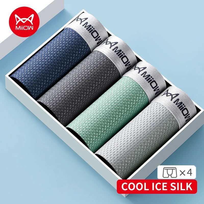 MiiOW 4Pcs Ice Silk Men Underwear Boxer 7A Antibacterial Crotch Mens Panties Sexy Mesh Breathable Man Underpants Boxer Trunks W250603