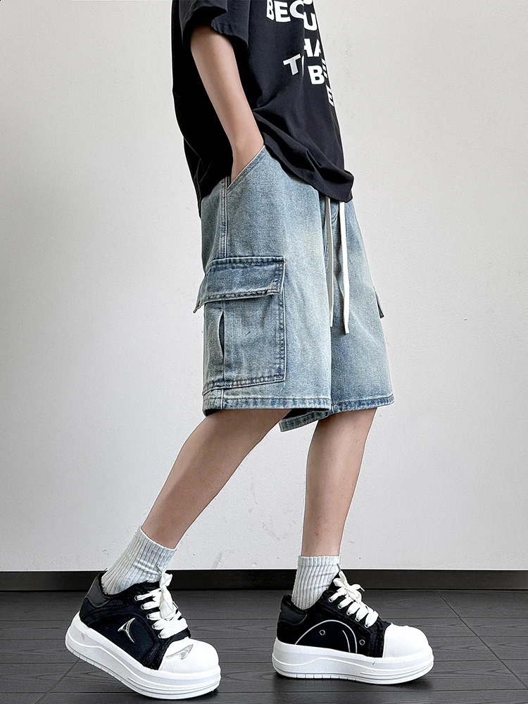 Summer Denim Shorts Men Korean Fashion Wide Leg Straight Jean Short Male MultiPocket Loose Fit Cargo 250529Z