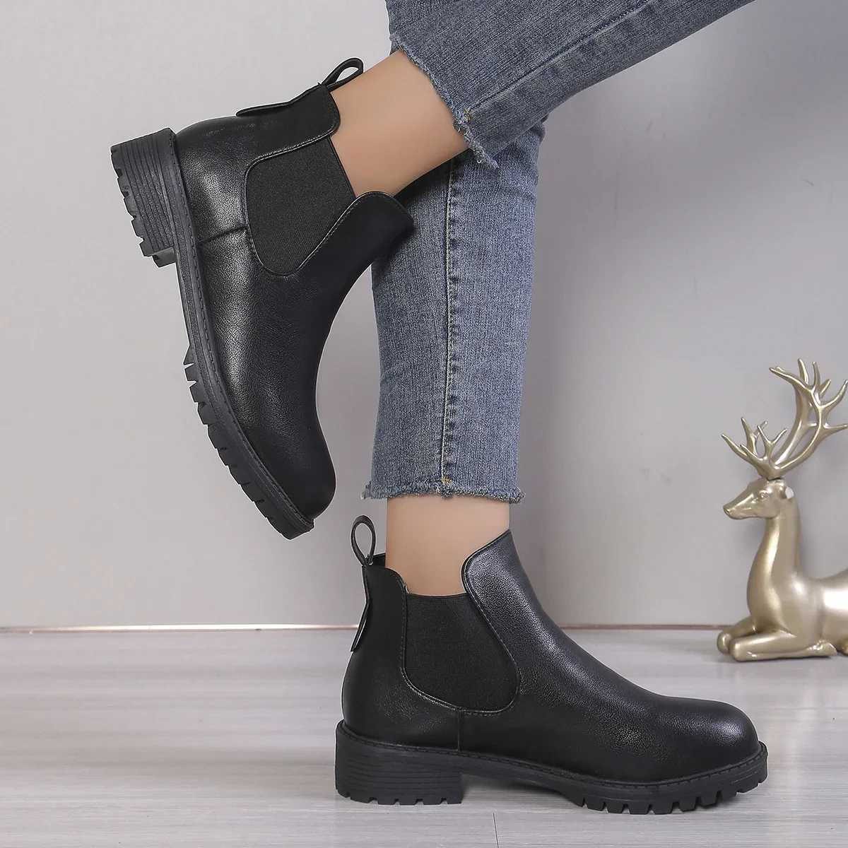 Womens Casual Chelsea Ankle Boots Round Toe Black PU Leather Short Boots Woman Comfort Low Heels Slip On Botas De Mujer 2024 XJ250602