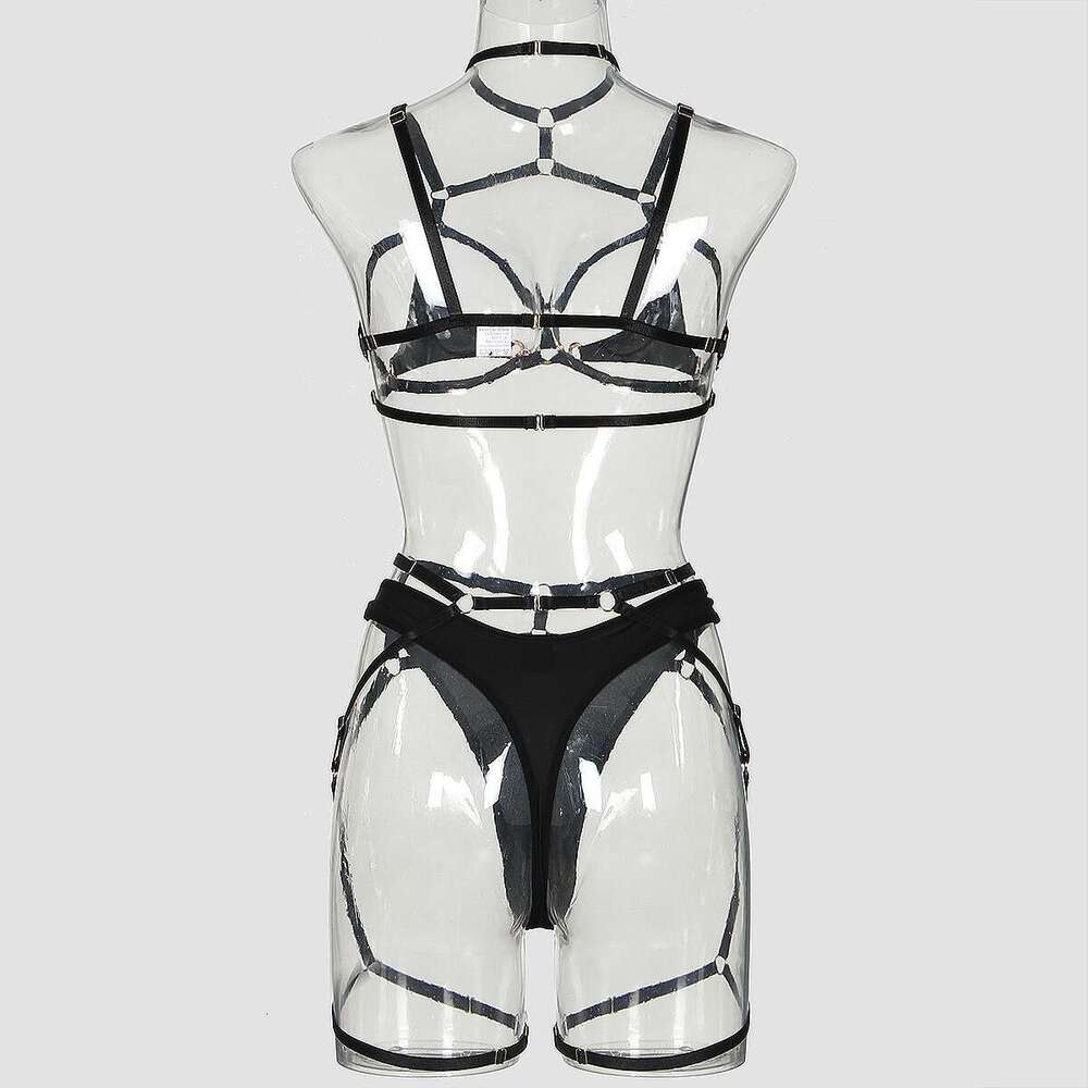 Spell Lingerie Porn Suits New Sexy Hollow Out Complex Lace Up Three Piece Halter Neck Lingerie Set Sexy Lingerie