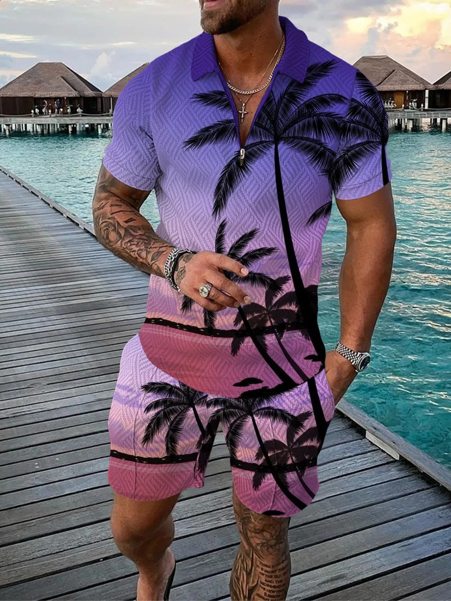 Hawaiian Coconut Tree Print Mens Sets Fashion Zip Polo Short Sleeve Top Shorts Outfit Summer Beach Vacation Oversized Tee Suit 250530