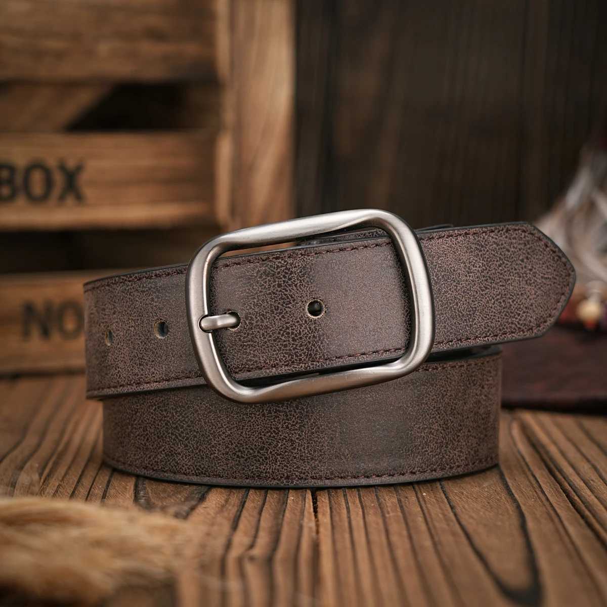 Men - Women - Western Denim - PU Leather - Belt - Vintage Jeans with Carved Buckle Brown Belt XJ250602