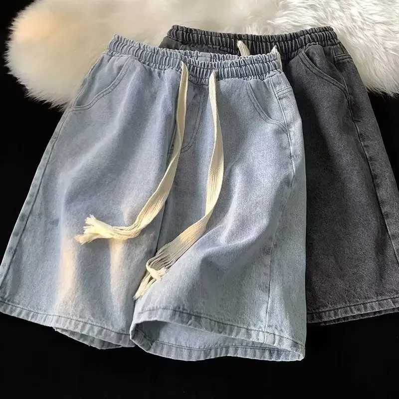 Summer Thin Casual Loose Five-Point Mens Denim Shorts Drawstring Loose Fit Straight Leg Vintage American Style Shorts T250603