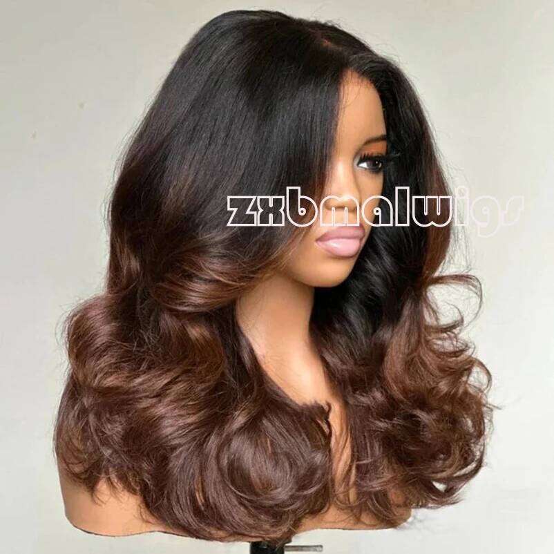 QW Synthetic Hair Lace Front Wig For Women Ombre Brown Body Wave Preplucked Glueless Heat Temperature Daily Cosplay