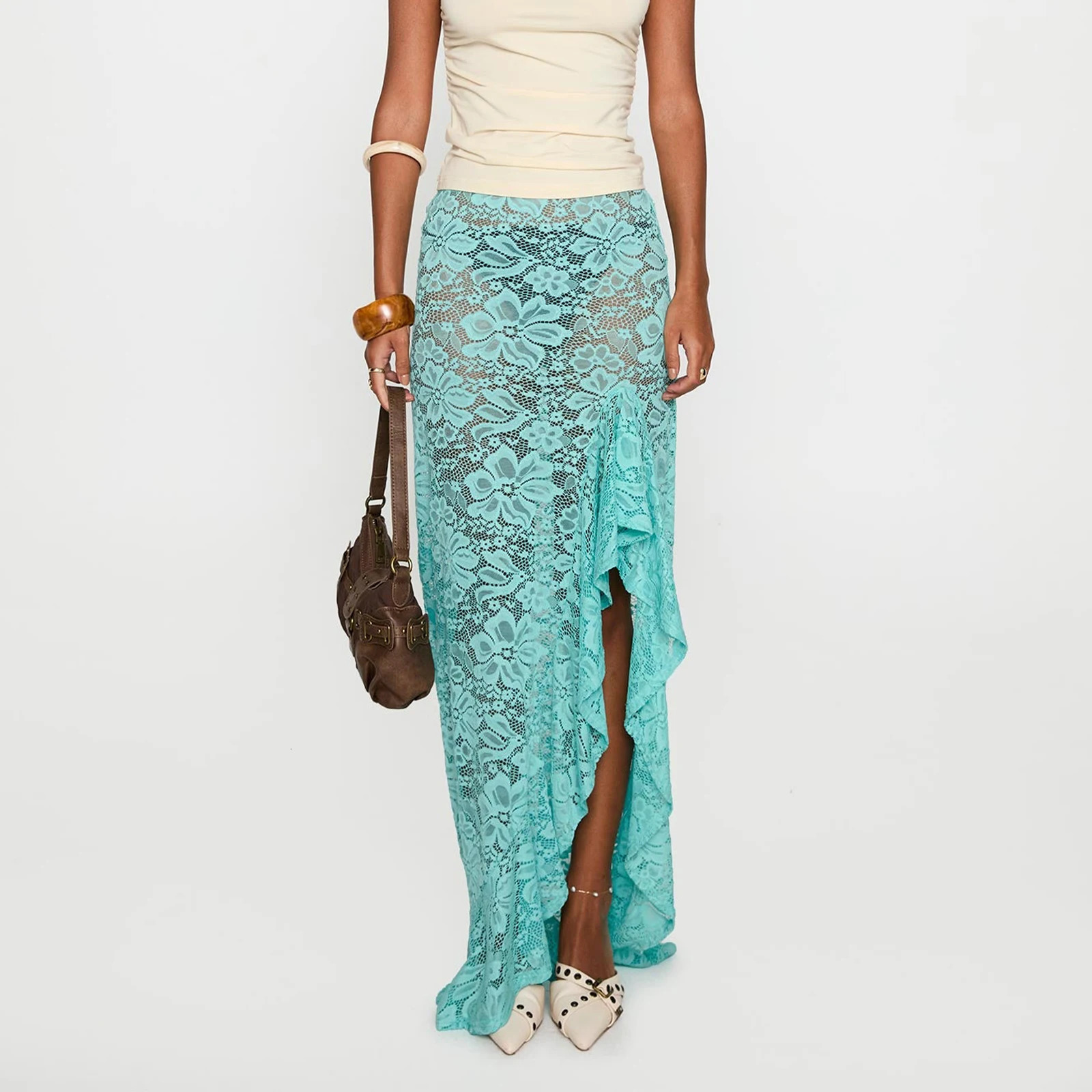 hirigin Womens Fashion Long Skirts Sheer Lace High Waist Skirts Summer Y2K Vintage Irregular Ruffles Bodycon Skirts 250603