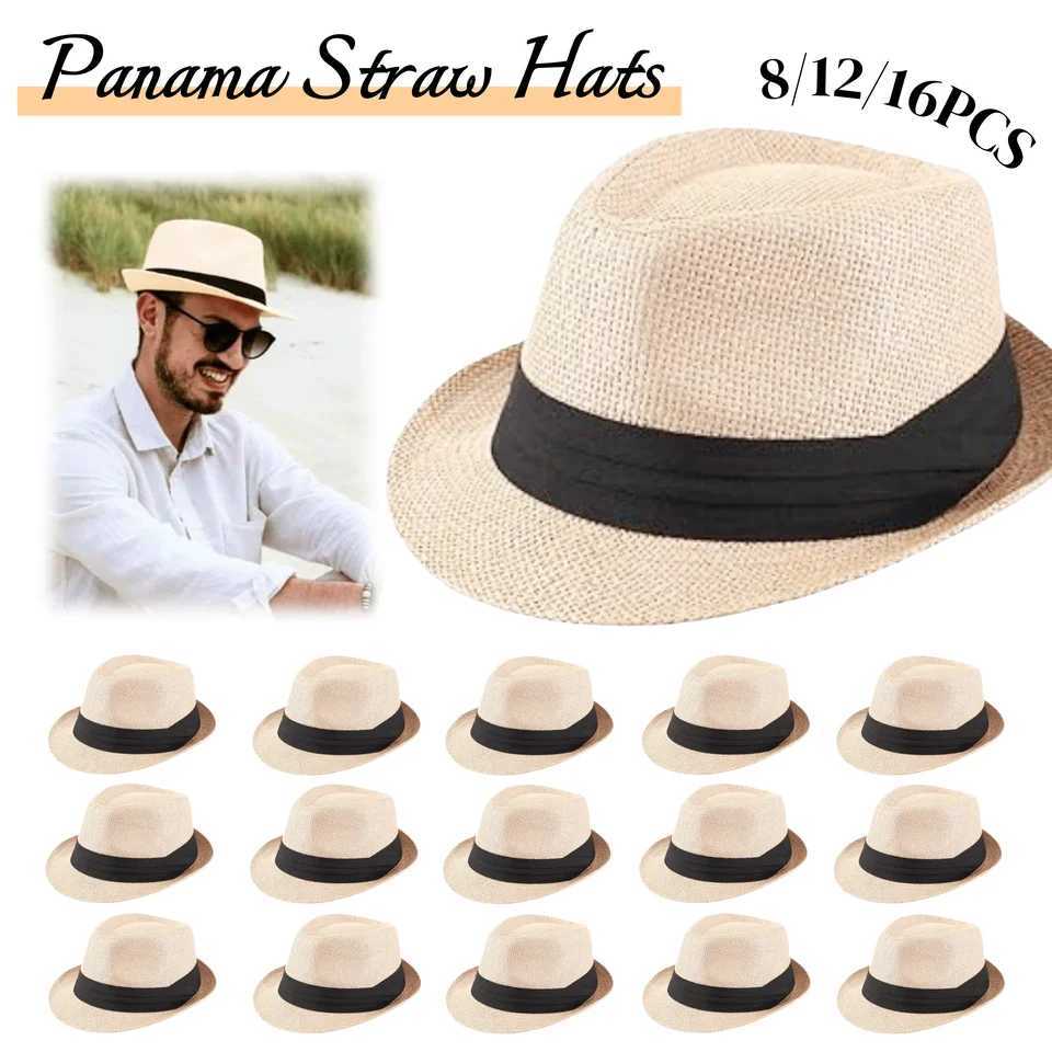 8-16PCS Short Brim Sun Panama Hat 1920s Straw Hats Bulk Beach Hats Jazz Caps for Outdoor Wedding Beige Party Circumference 60cm W250602