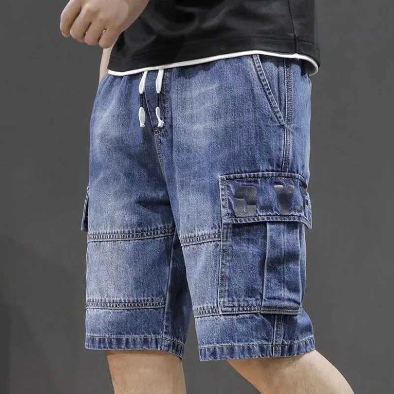 Mens Short Jeans Pants Straight Drawstring with Text Male Denim Shorts Cargo Sale Y2k Fashion Summer Thin Jorts Trend 2024 XL T250603