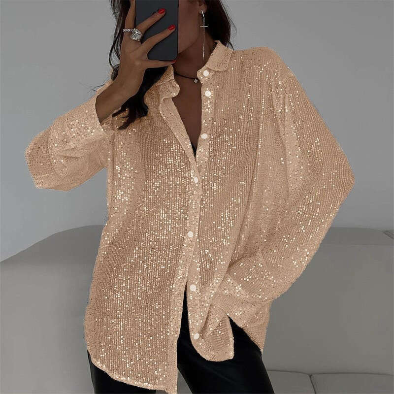 Spring Summer New Sequin Top Turn-Down Collar Long Sleeve Cardigan Basic Women's Shirt Jacket B5