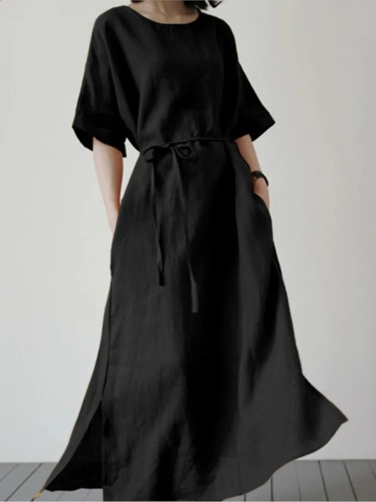 Spring Summer Womens Long Dresses Fashionable Split Hem Skirts Short Sleeves Casual Waistbands Cotton Linen Dresses For Women 250529