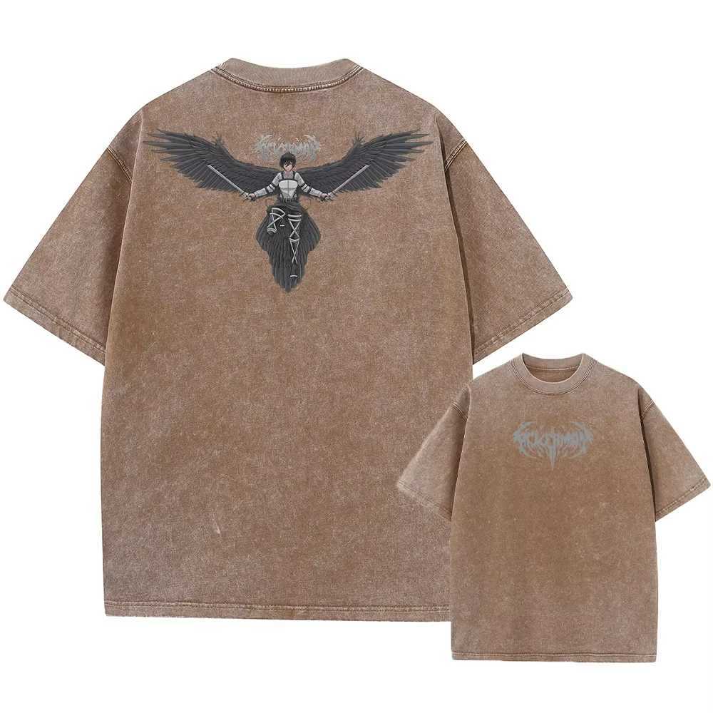 Anime Attack on Titan Eren Jaeger Printed T-shirt Men Vintage Washed Tshirt Manga Casual T Shirt Harajuku Male Cotton Tops W250603